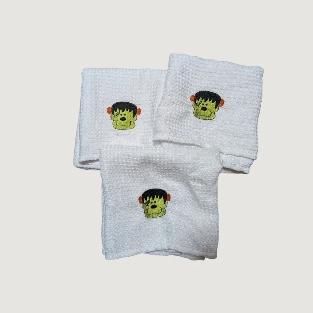 Halloween Frankenstein Waffle Weave Kitchen Towels White Embroidered Set of 3